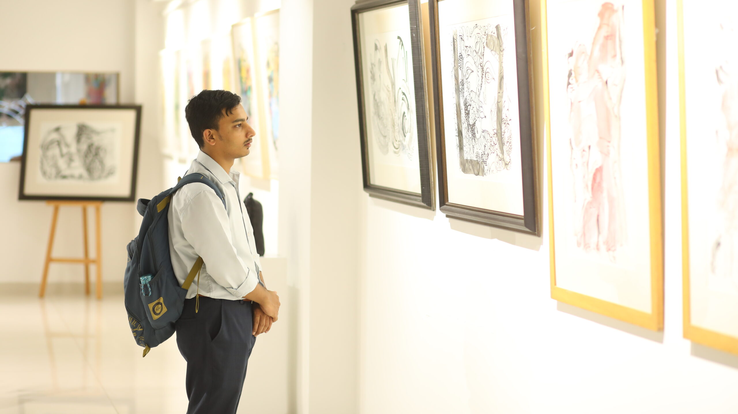 A person viewing art works in the art exhibition